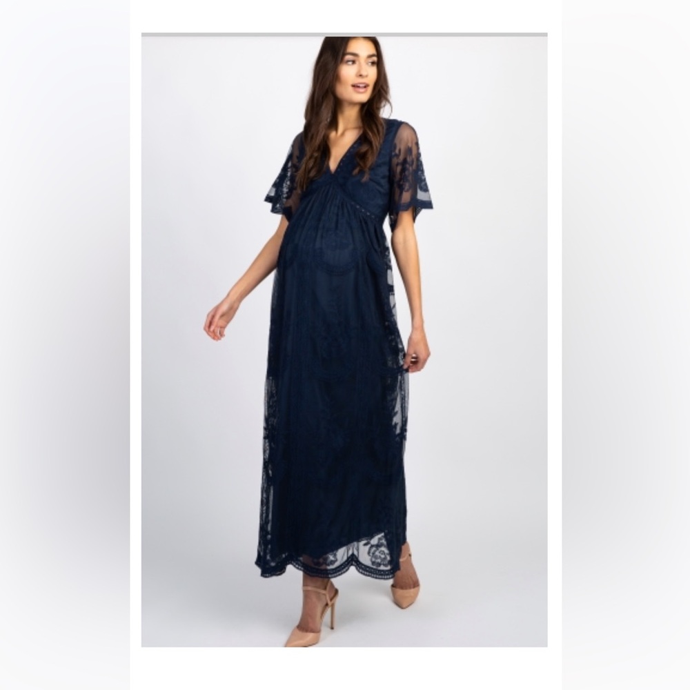 Pinkblush Navy Lace Mesh Overlay Maxi Dress